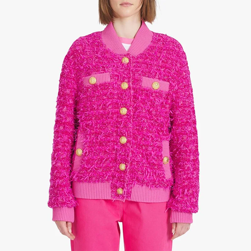 

Autumn And Winter 2022 New European And American Fashion Lion Button Sequin Hair Beard Knitted Baseball Suit Women's Jacket