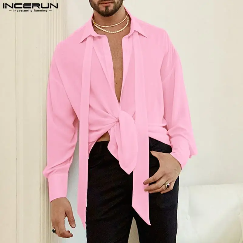 

INCERUN 2023 Men Shirt Lapel Long Sleeve Lace Up Button Fashion Casual Men Clothing Streetwear Solid Color Loose Camisas S-5XL