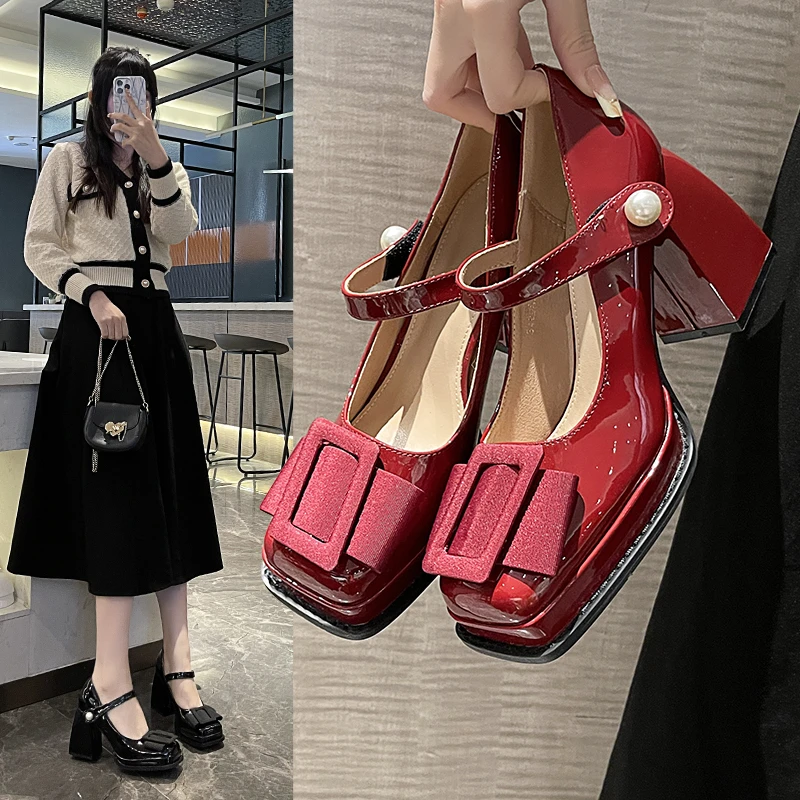 

Женские туфли-лодочки на толстой подошве, красные кожаные туфли-лодочки с высоким каблуком для свадьбы или вечеринки, весна 2024
