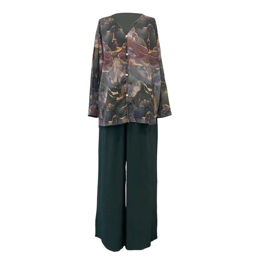 Lightweight Wide-leg Trousers Set Marble Print V Neck Blouse Wide Leg Trousers Set Stylish Women's Homewear for Casual Commute 2