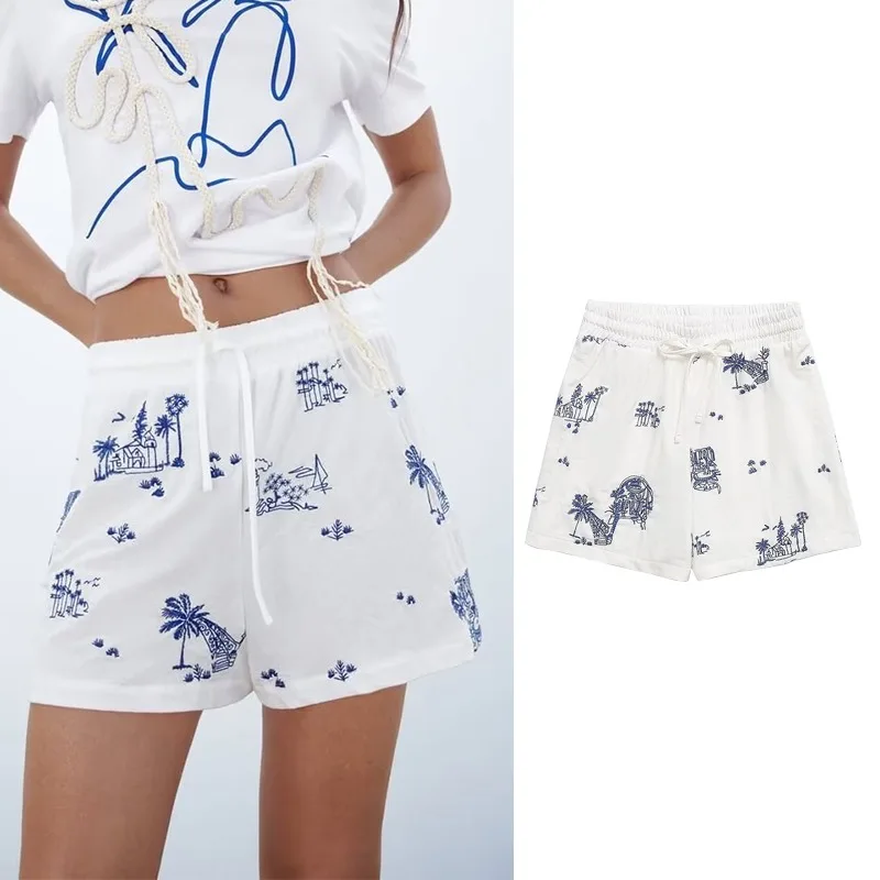

TRAF ZR Women's Summer 2023 Shorts Cotton Embroidery Y2k Casual High Waist White Baggy Loose Harajuku Vintage Shorts for Women