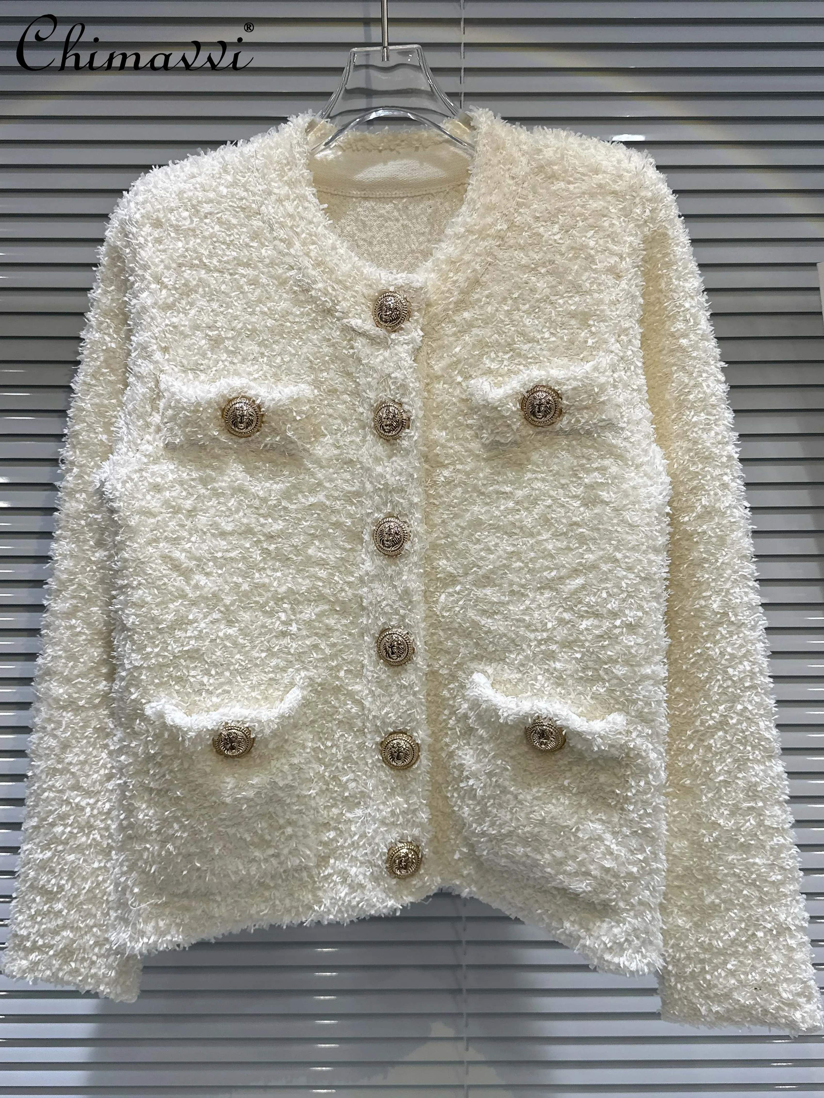 

Women Tops 2023 Autumn New Fashion Metal Buckle Elegant Socialite Knitted Sweater Loose Long Sleeve All-Match Lady Cardigan Coat