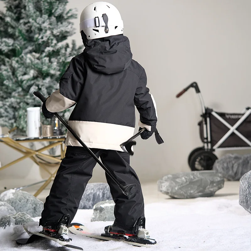 Original Black and White Children's Outdoor Strong Waterproof Moisture Permeable Ski Suit Quilted Fleece-lined Snow Suit