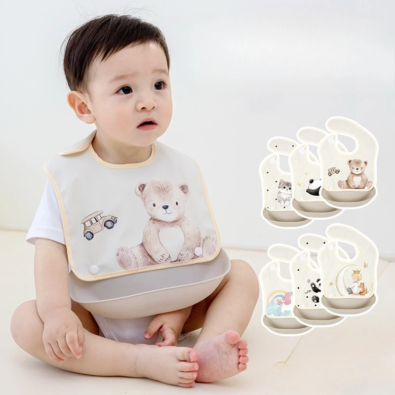 Baby Removable Rice Pocket Waterproof Soft Cartoon Bib for Eating Boys and Girls Leave-in Baby Complementary Food Bib