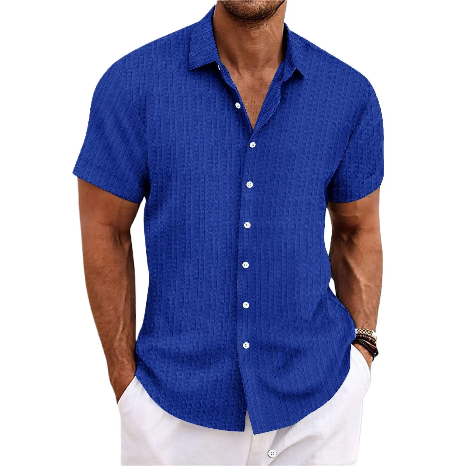 Men Summer Striped Short Sleeve Blouse Shirt