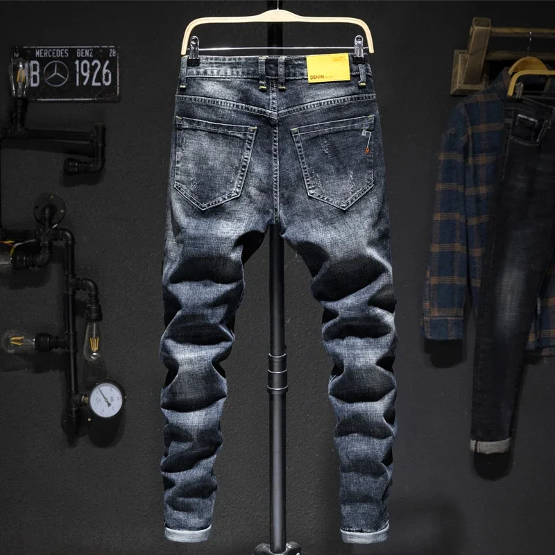 Men's Ripped Jeans Streetwear Personality Trendy Korean Fashion Slim Beggar Holes Denim Pants Stretch Casual Male Trousers 2