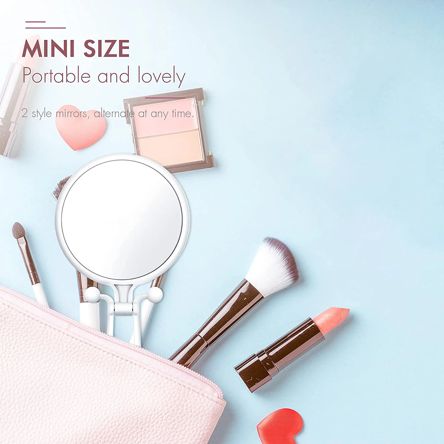 소형 휴대용 확대 거울, 양면 받침대, 확대 및 트루 이미지 메이크업 거울, 2 배, 5 배, 10x