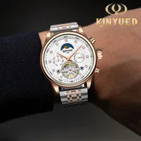 KINYUED Automatic Movement Watch for Men Luxury Mens Stainless Steel Mechanical Watch Moon Phase Skeleton Tourbillon Wrist Watch