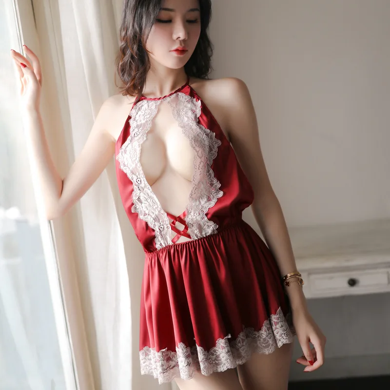 

New Women's Lingerie Sexy Lacing Hollow Lace Short Skirt Temptation Deep V-neck Backless Slip Nightdress Suit