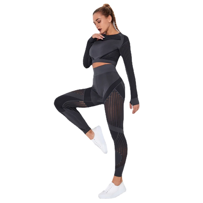 Seamless Woman Sexy Open Crotch Leggings Shirt Set Elastic Hollow Sport Pants Couple Outdoor Sex Long Panties Booty Lift Costume