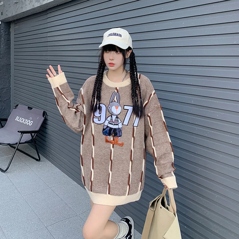 UPRAKF Rabbit Pattern Sweater Loose Pullover Winter Tops Autumn Fashion Streetwear Long Sleeve