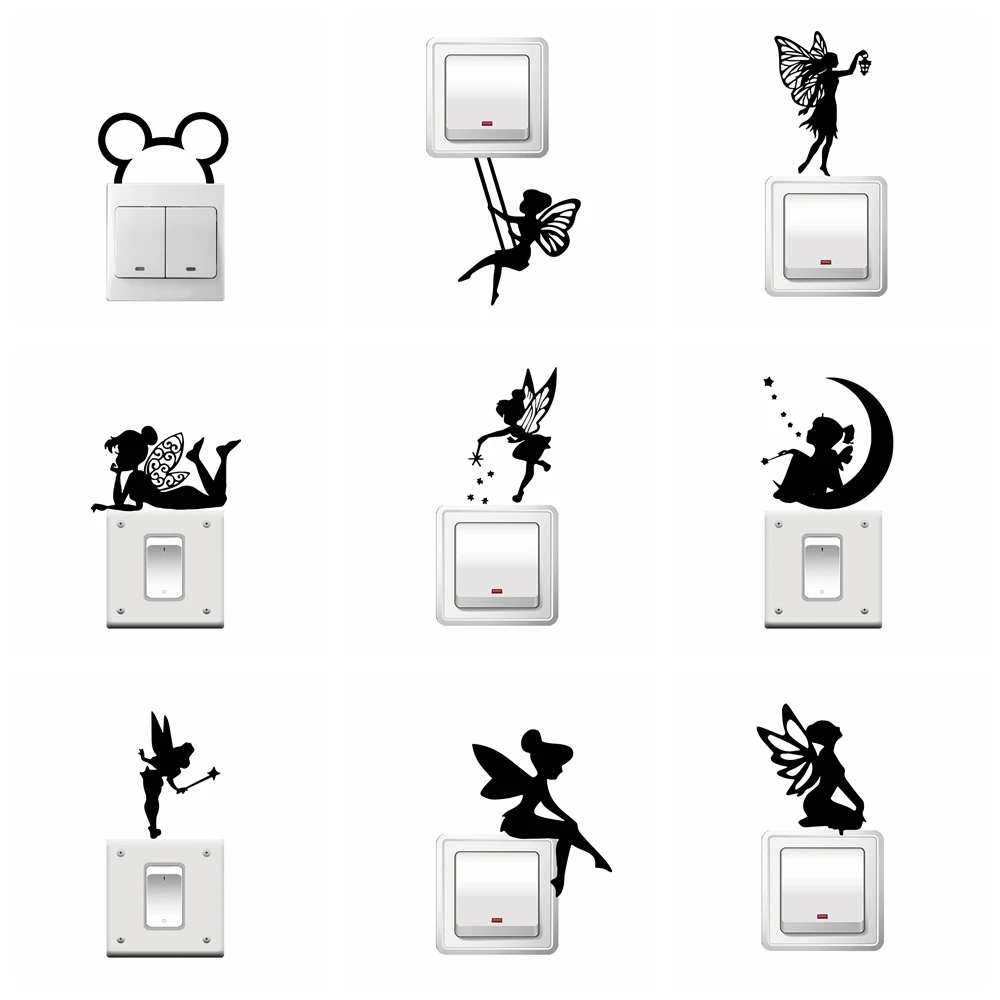 1 pc 9 style NEW pretty fairy switch sticker Removable Art Vinyl Wall Stickers For Kids Rooms Home Decor Wall Art Sticker Murals