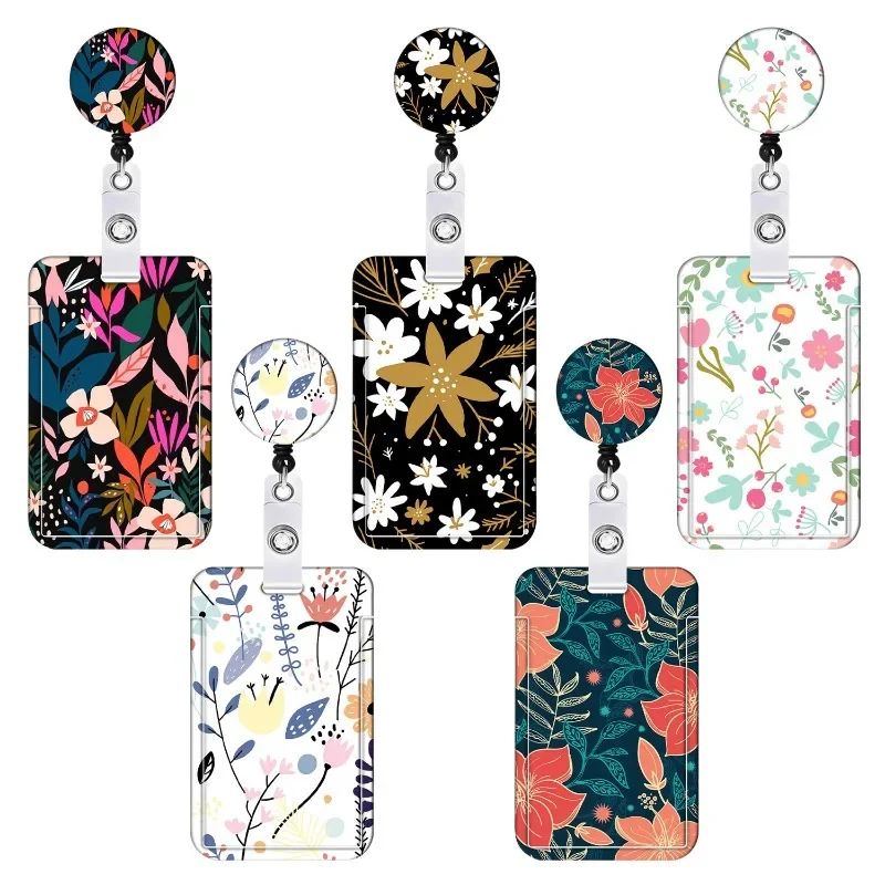 Card Holder Staff Working Cards Holder with Retractable Long Lanyard and Badge Reel Flower ID Credit Cards Holder Cover for Woman Phone Rope