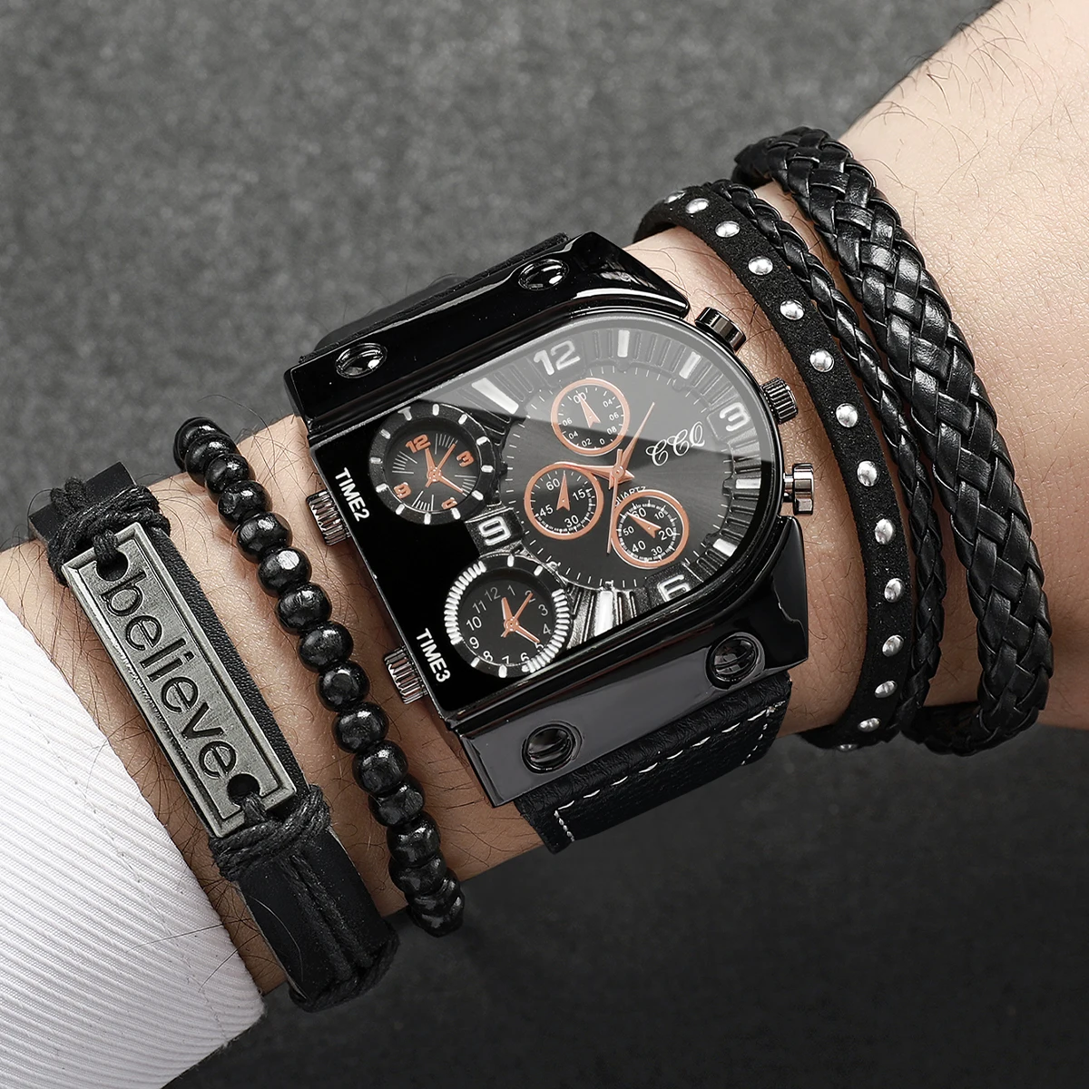 Men's Watch Classic Fashion Digital Scale Large Dial Advanced Sense Handsome Trendy Quartz Watch Bracelet Set (No Box)