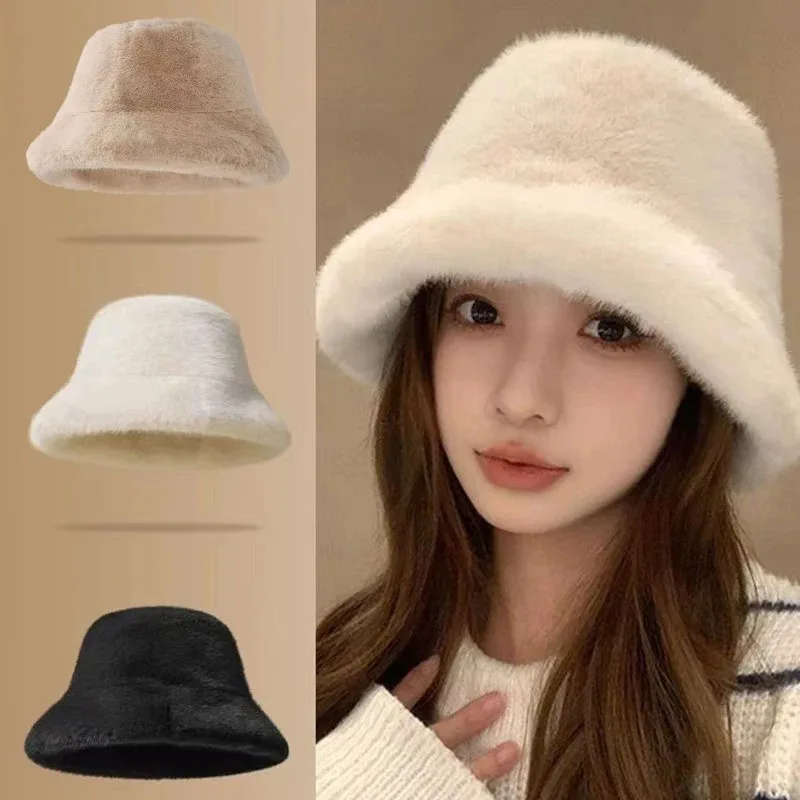 Winter Windproof and Warm Women's Fashionable Solid Color Plush Hat Cover Fluffy Fishing Hat Mountaineering Scarf Practical