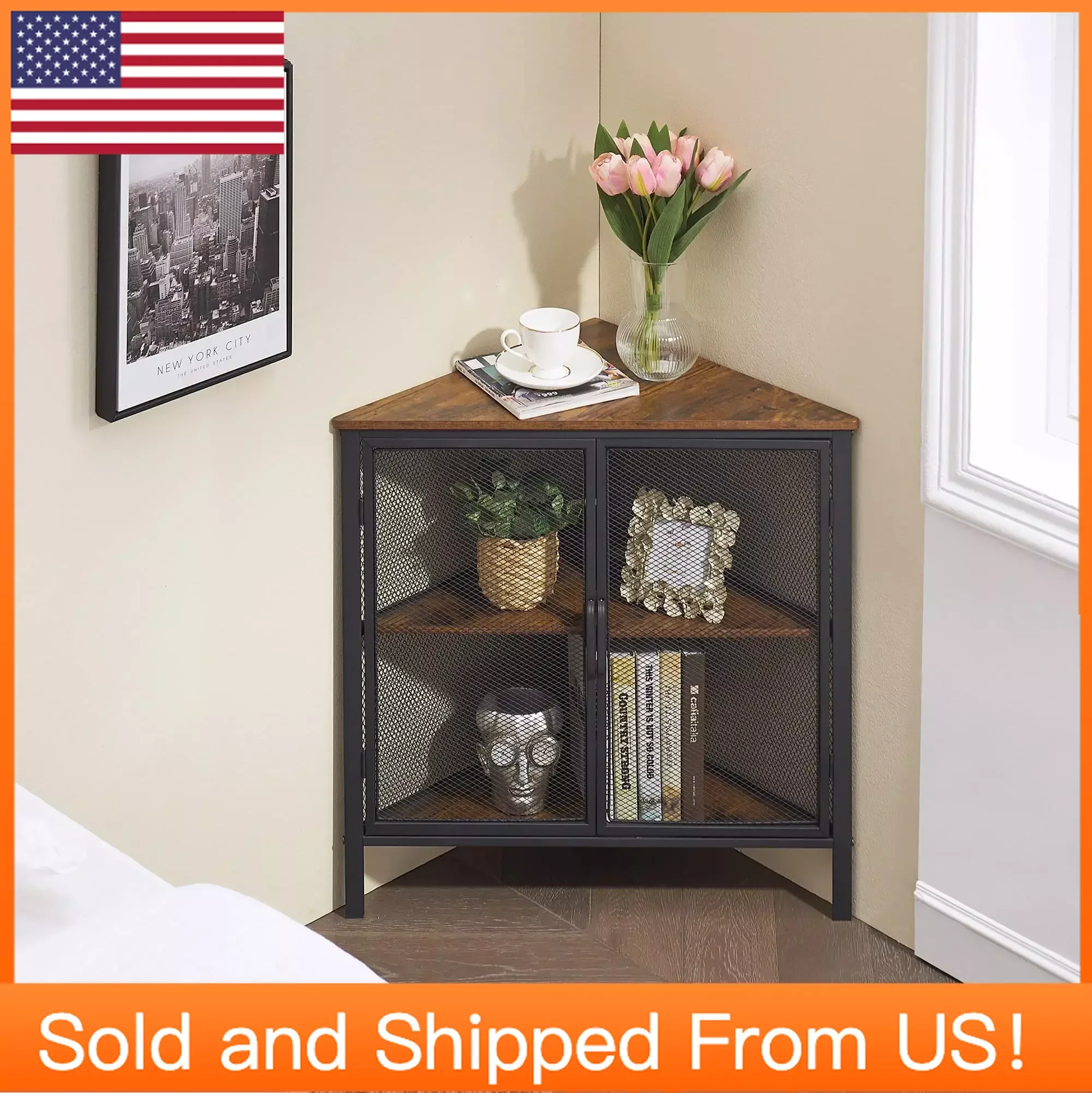 

Corner Cabinet/Table, 3-Tier Shelves with Protection Door, Metal Frame Storage Shelf Organizer for , Set of 1, Brown