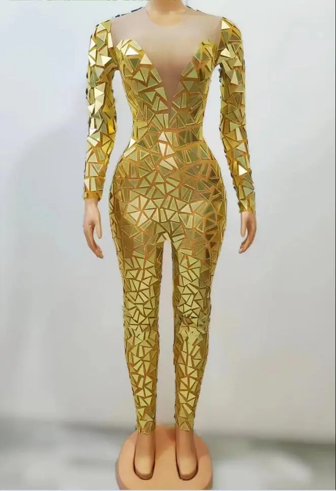 

Full Mirrors Long Sleeves MESH Jumpsuit Birthday Celebrate Party Show Costume Evening Female Singer Rompers xiaoye