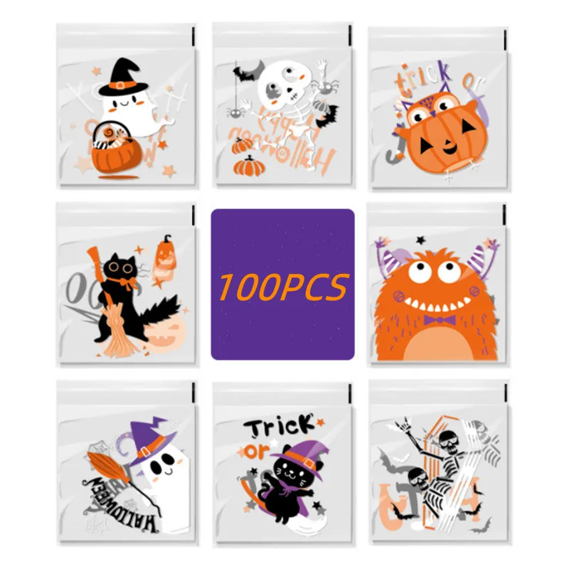 

100Pcs Transparent Printing Halloween Biscuit Packaging Bag Baking Bread Candy Funny Self Adhesive Bag Halloween Packag Supplies