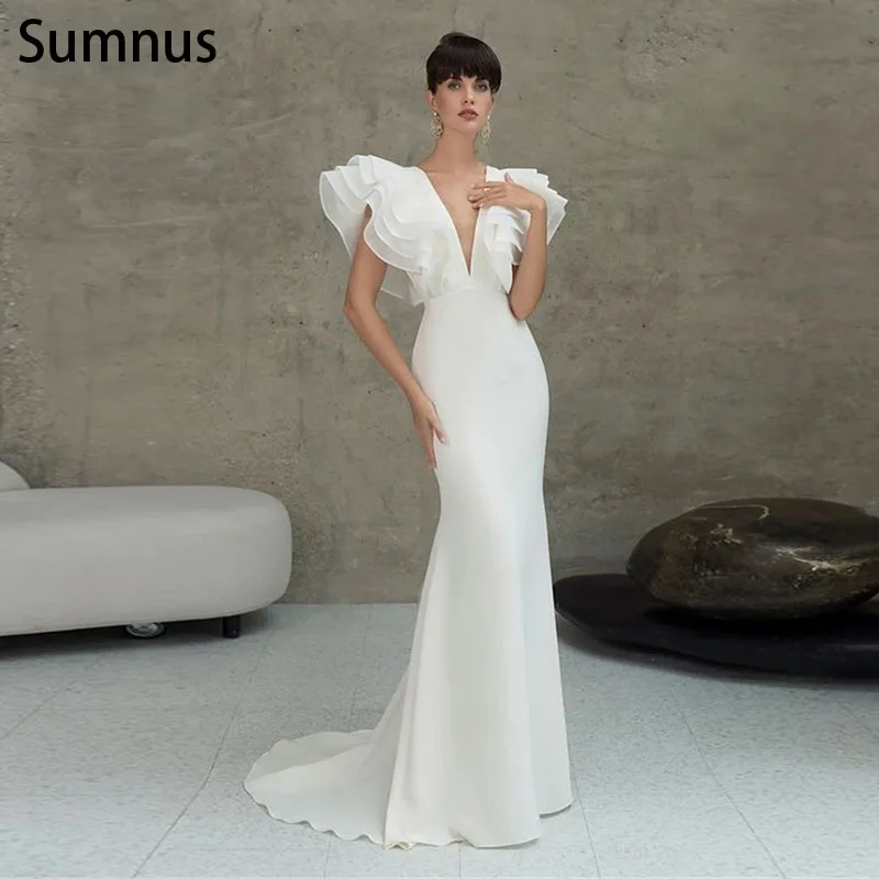 

Sumnus Vintage Ivory Mermaid Ruffers Wedding Dresses 2022 Deep V-Neckline Stain Vestidos De Novia Robe De Soirée De Mariage New