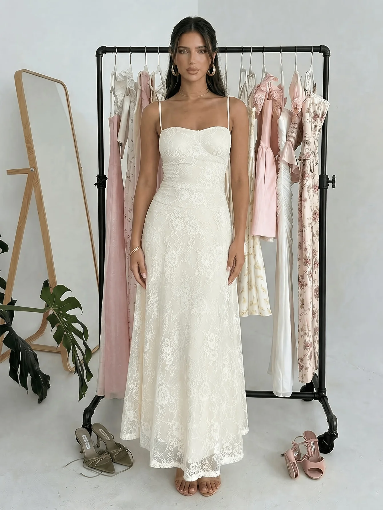 Elegante Abito Lungo in Pizzo da Donna, Nuovo Stile Estivo, Romantico Francese, con Cintura, Linea ad A, Senza Spalline, Stile Street Chic - immagine 3