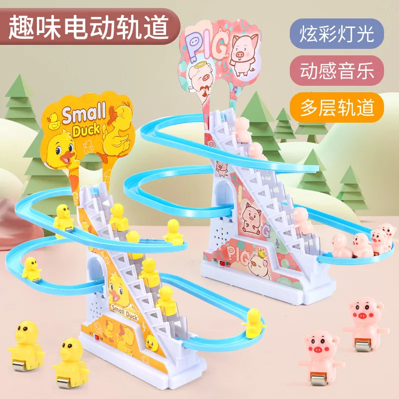 

Funny Electric Duck Track Slide Toys Boys Girls Ducks Climb Stairs Toy Baby LED Lights Music Roller Coaster for Kids