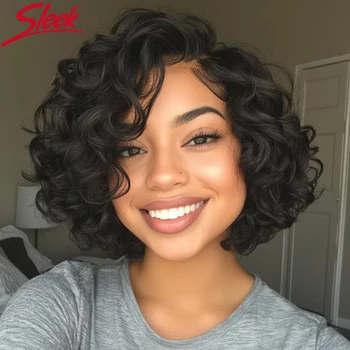 Peluca bob corta ondulada de cabello humano con encaje 5x1 para mujer 1