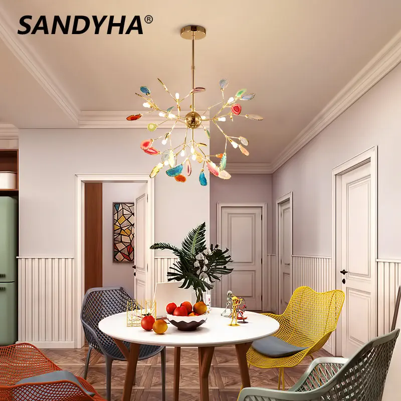 

SANDYHA Chandelier Modern Firefly Agate Pendant Light Luxury Creative Led Lamp for Living Room Bedroom Lustre Salon Design Luxe