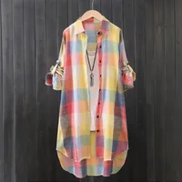 Chemise à carreaux à manches longues pour femmes, chemisiers décontractés, chemisier chic, lin, coton, vêtements à carreaux, Y 5
