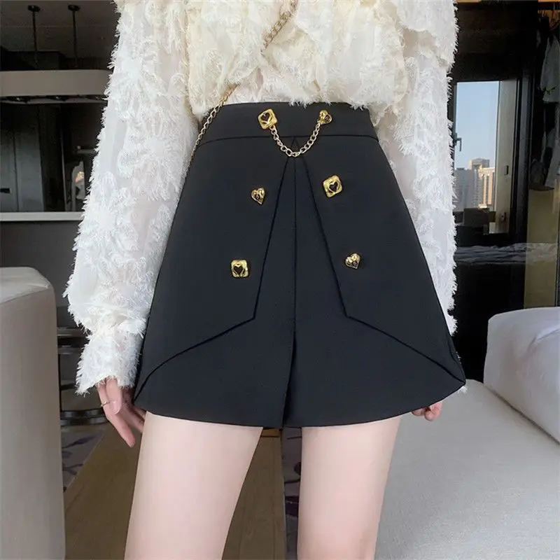 Korean Women's Solid Color Chic Chain Spliced Shorts Summer Female Clothing All-match A-Line Fashion Button High Waist Pants