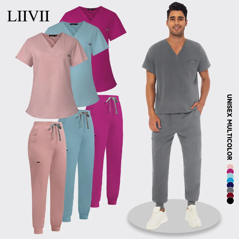 

High Quality Solid Color Unisex Nursing Scrub Set Women Uniforms Elasticity Pet Clinic Nurse Tops Medical Doctor Pants Wholesale