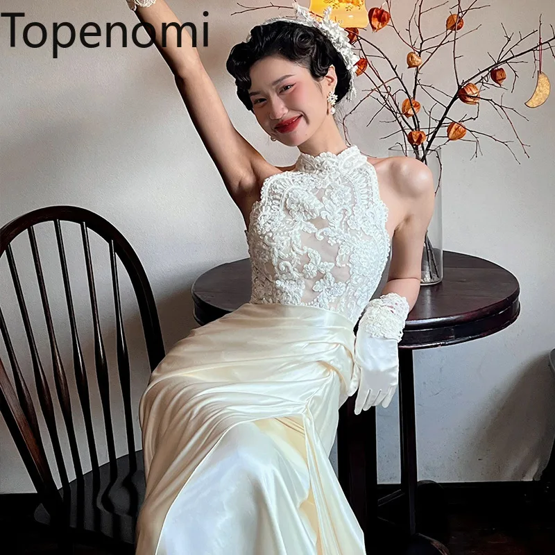 

Topenomi Chinese Style Bride Wedding Dress Summer Halter Lace Patchwork Satin Waist Mermaid Evening Gown Vintage Elegant Robe