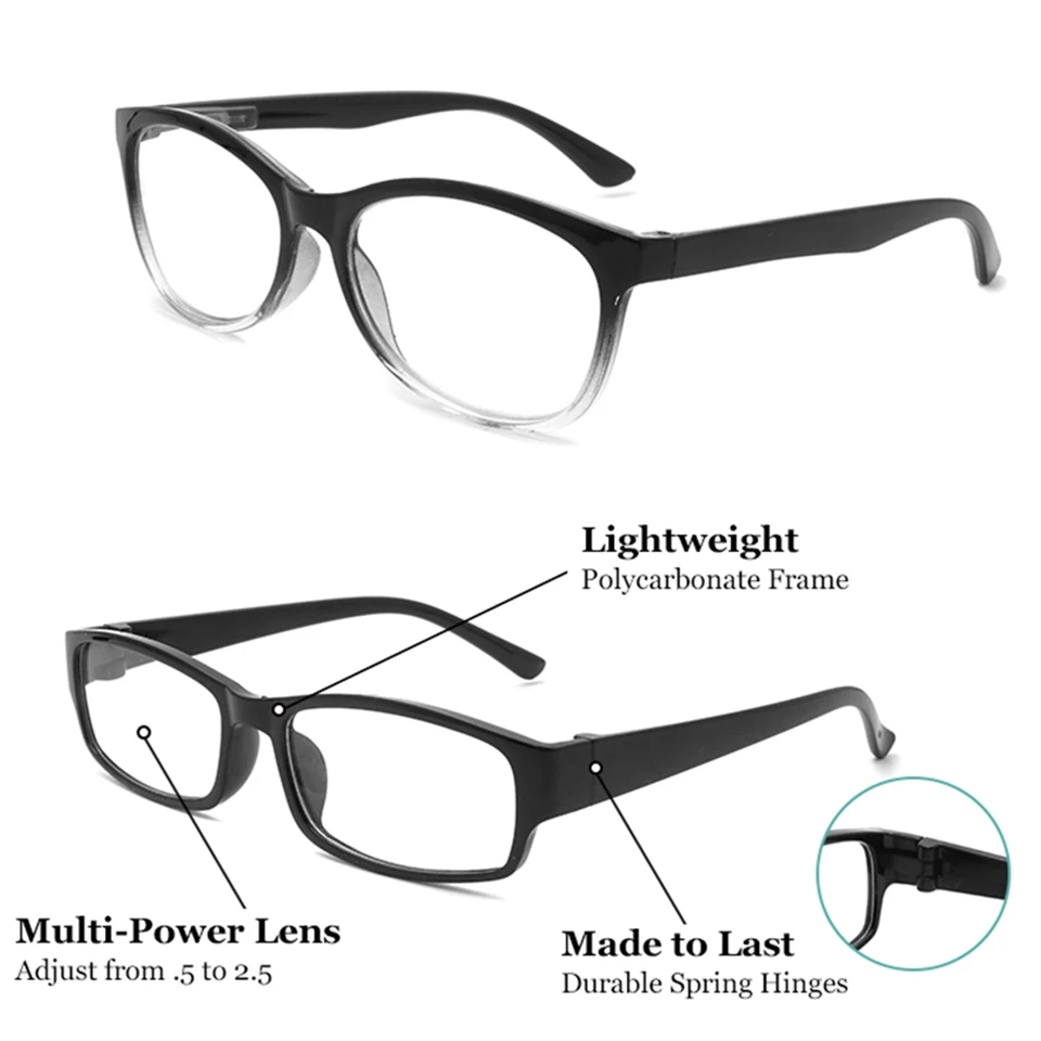 

Mem Reading Glasses Men +0.5 To +2.5 Power Readers Automatic Focus Eyeglass Women Resin HD Magnifier Black Glasses