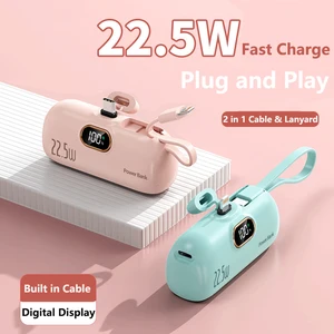 5000mAh Portable Mini Power Bank Built in Cable Plug 22.5W Fast Charging Powerbank for iPhone 15 Samsung Huawei Xiaomi Poverbank