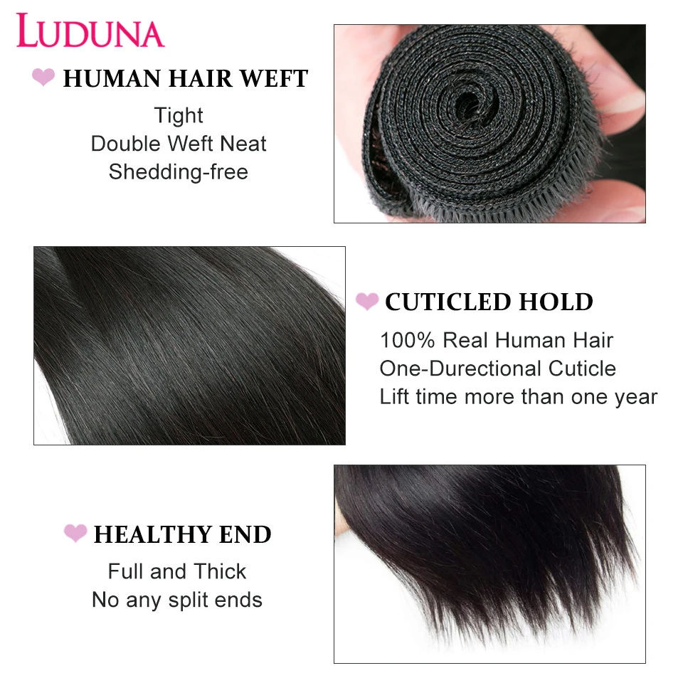 Luduna Straight Bundles Human Hair Brazilian Human Hair Bundles Remy Extensions 1/3/4 Bundle Deal Weave Double Weft Hair Weaving 2