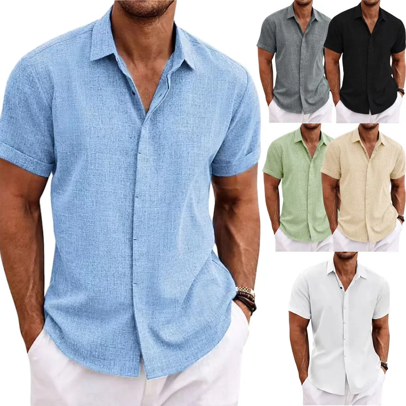 Mens Linen Short Sleeve Shirt Solid Color Cotton Linen Loose Fit Beach Top Casual Summer Tee 3