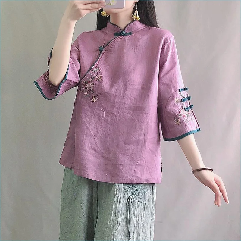 New Autumn Multicolor Seven Quarter Ladies Cotton Linen Shirt Blouse Chinese Traditional Women Formal Top Ttang Costume Hanfu