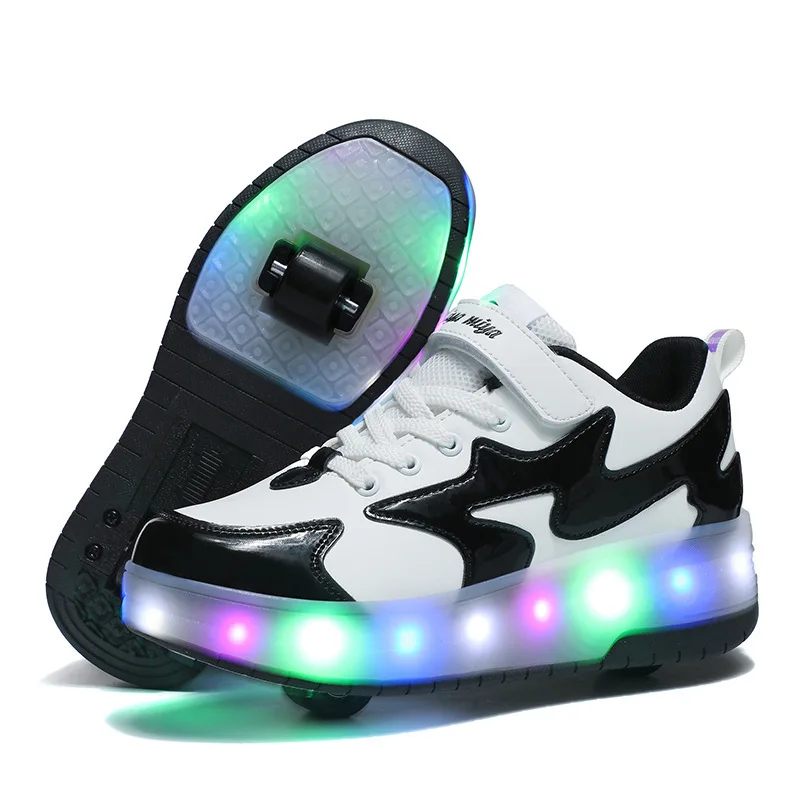 

LED Children Shoes USB PU Leather Fashion Boys & Girls & Women Sneakers Two Wheels Kids Roller Skates Size 28-40