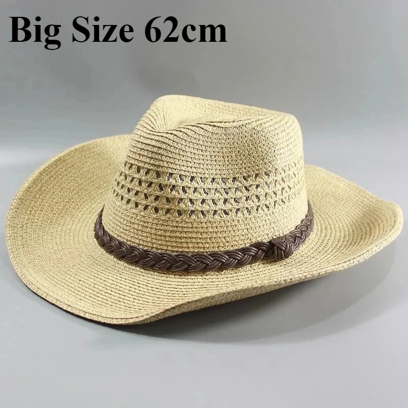 Sun Hat Man Hollow Straw Hat Wide Brim Beach Foldable Cap Big Bone Size Plus Size Sun Protection Fedora Hat 58CM 60CM 62CM