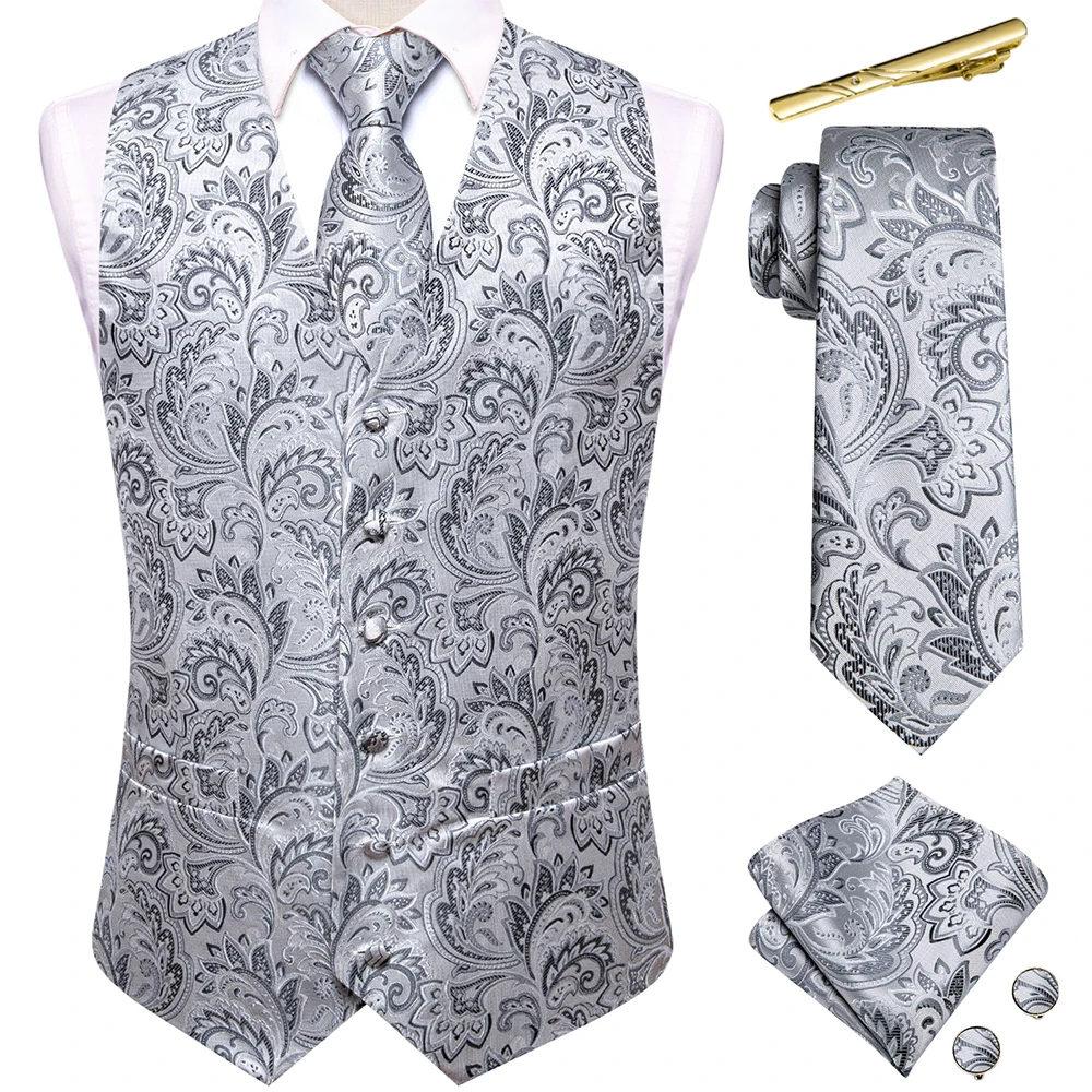 

Hi-Tie Silvery Grey Silk Vest for Men Paisley Sleeveless Waistcoat Jacket Necktie Hanky Cufflinks Clips Wedding Business Party