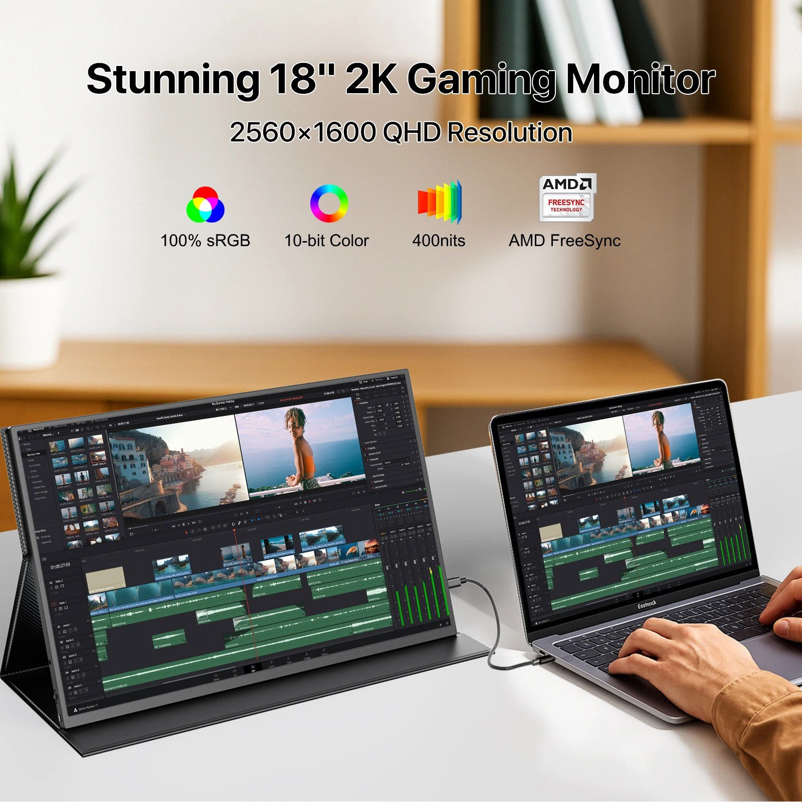 UPERFECT 18 인치 144HZ 2K 휴대용 모니터 노트북 맥 Xbox PS4/5 스위치 유형-C HDMI-Kickstand HDR FreeSync 여행 모니터와 호환되는 두 번째 스크린 디스플레이 게임