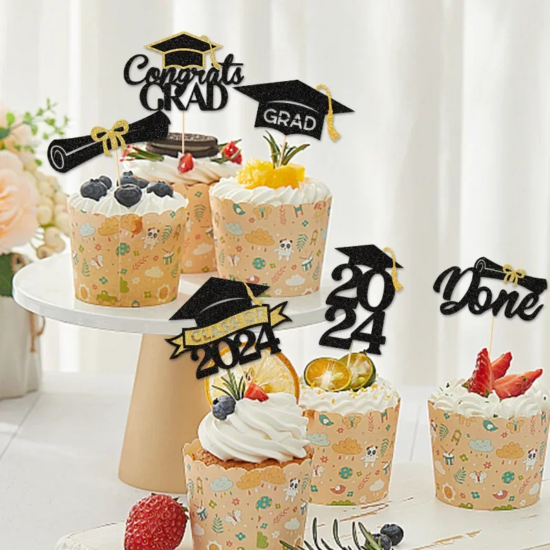 12pc 2024 Graduation Paper Cake Toppers Bachelor Cap Congrasts Grad Cake Picks Congratulation Class of 2024 Graduate Party Decor