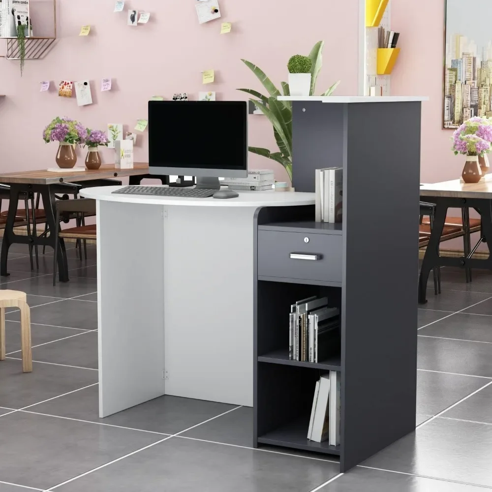 Reception Desk Front Counter Desk with Lockable Drawer & Open Shelves, Front Reception Counter with Elliptical Deskt