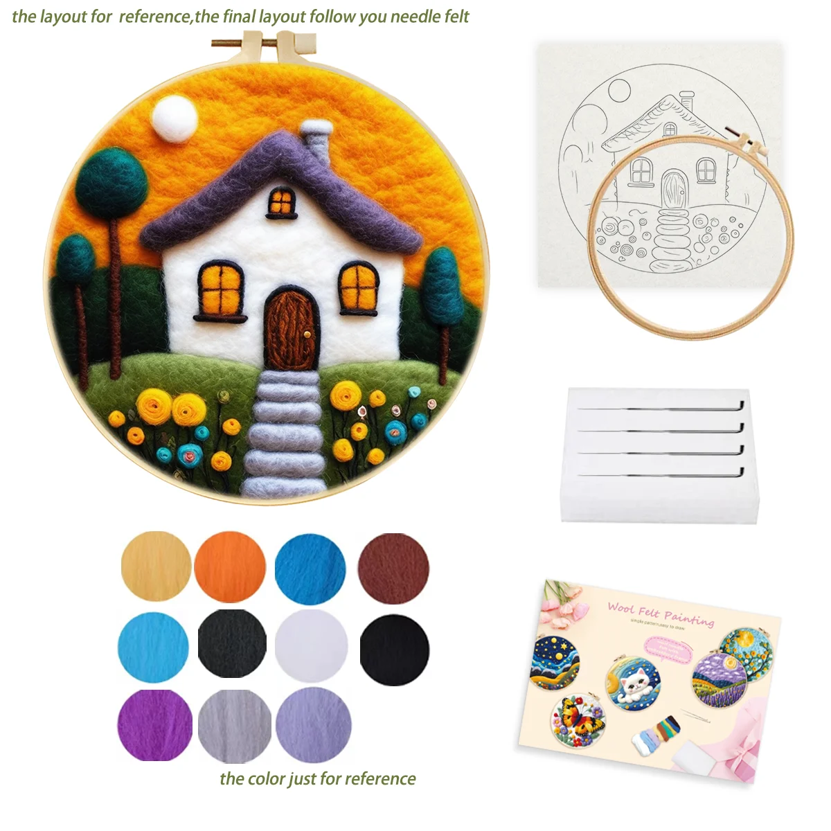 RUOPOTY 1 Pack House Pattern Needle Felt Starter Set Wool Felting Painting Kit With Embroidery Kit Funny Diy Felt Needle Wool