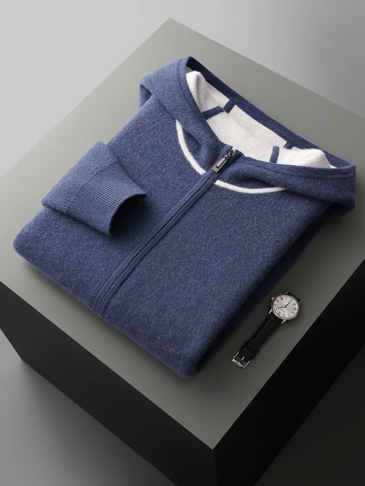 Choice 2024 New Chic Men Cashmere Hooded Cardigan Autumn Winter Basic Grace 100% Cashmere Knitted Sweater Korean Popular Tops 5