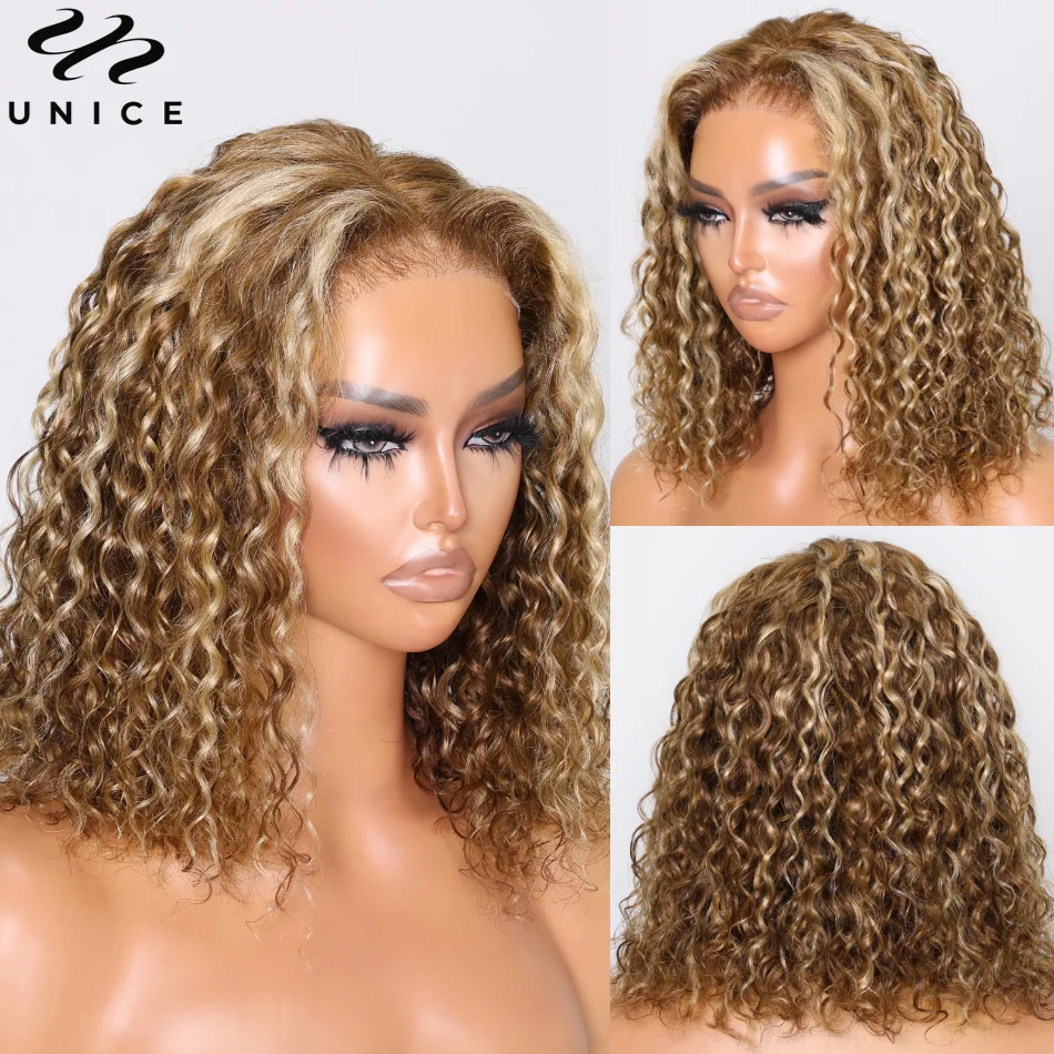 UNice 7x5 Glueless Water Wave Bob Wig Honey Blonde Highlight Pre Bleached Pre Cut Lace Closure Wig Human Hair Wig Ready To Wear images - 6