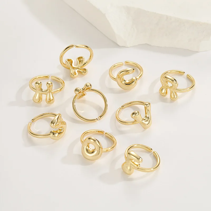 Creative A-Z Balloon Bubble Letter Opening Rings for Women 18k Gold Plated Chunky Initial Waterproof Finger Ring Wedding Jewelry