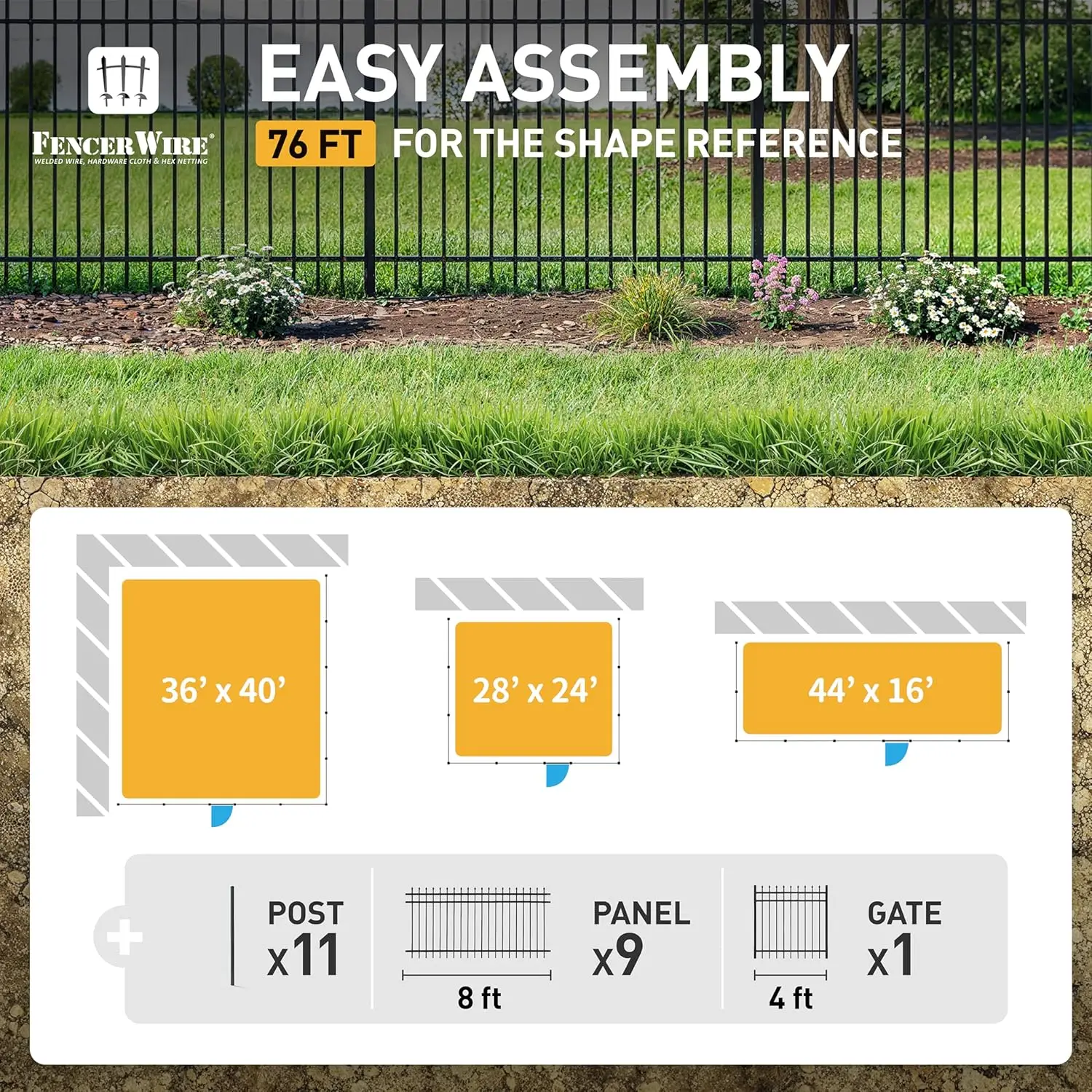 Fencer Wire 76Ft Heavy Duty Pinnacle Fence Barrier Kit, Anti-Rust Metal Steel Fence With 4Ft Height X 8Ft Width Panels, Gate, 3