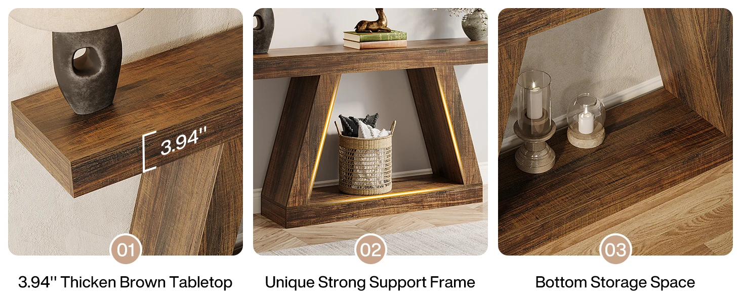 55-Inch Rustic Sofa Table with Storage