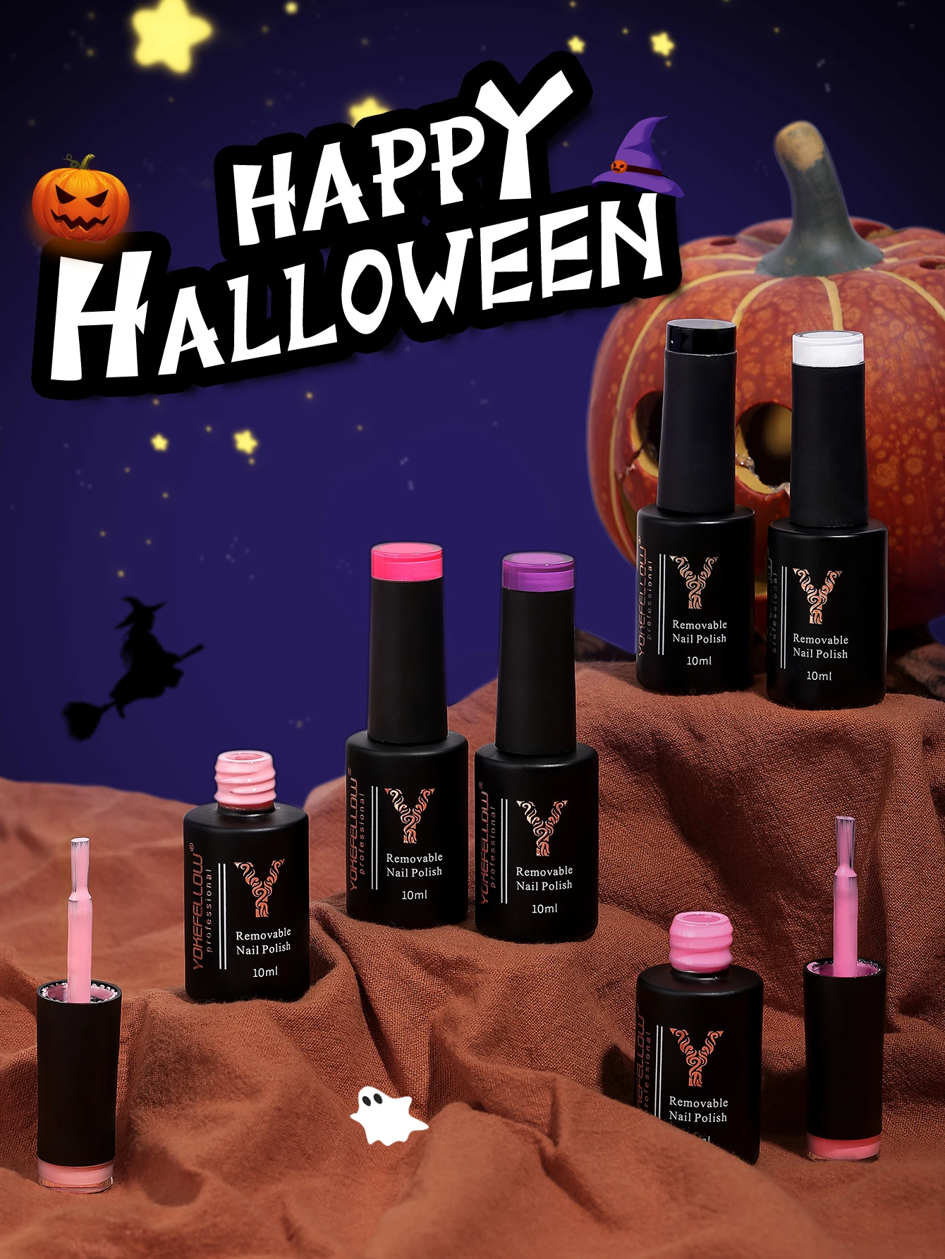 할로윈 오렌지 핑크 블랙 젤 네일 광택제 세트, 블랙 화이트 네일 젤 키트, UV LED 미니 큐어 DIY 파티, 6 가지 색상