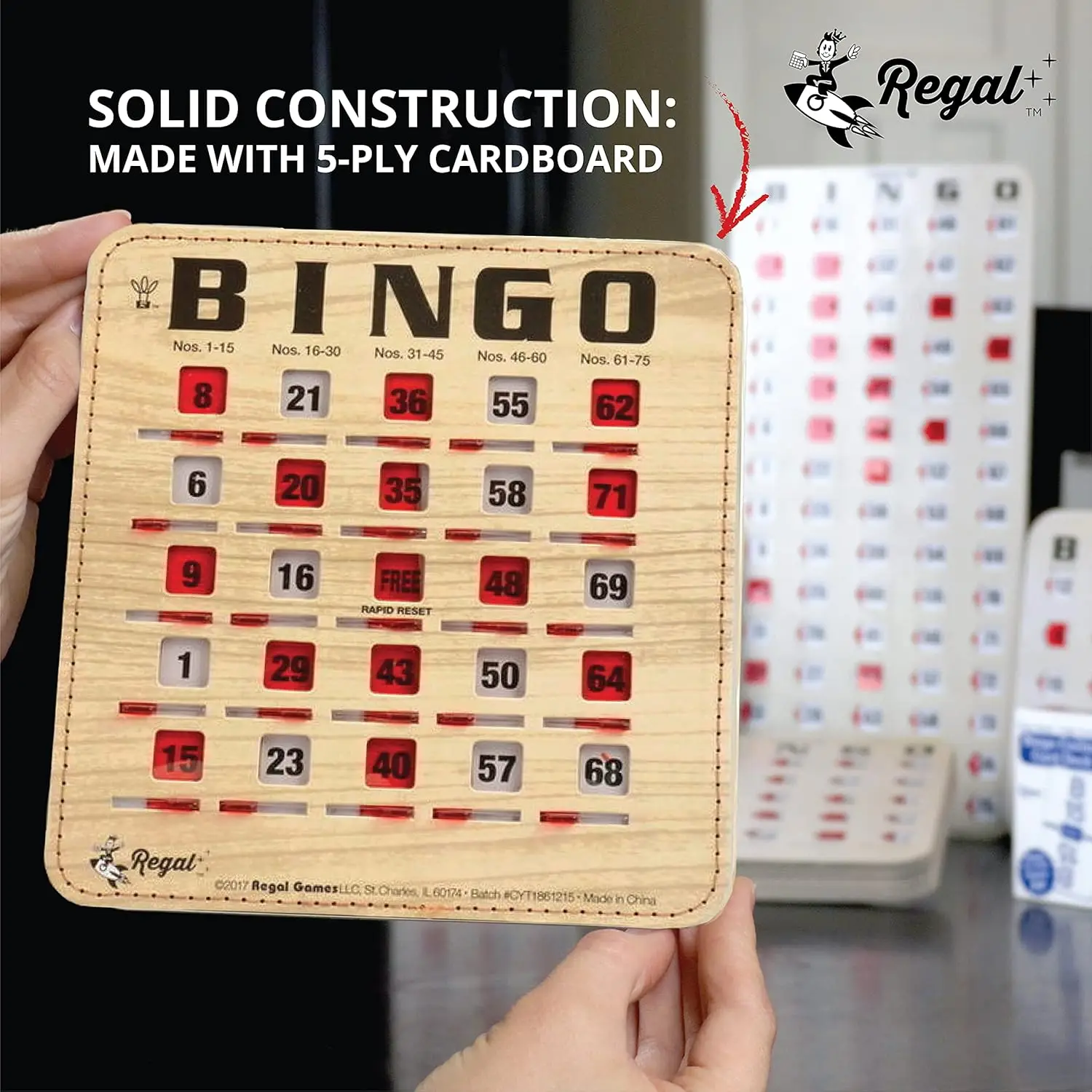 Bingo Bingo Cards with Sliding Windows-Extra Thick Stitched Cardstock-Woodgrain Reusable & Large Cards Ideal for Fam